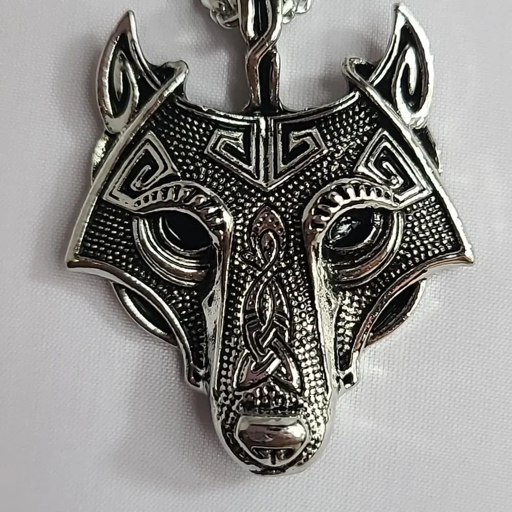 Nordic Viking Fenrir Wolf Head Stainless Steel Pendant Men's Necklace Norse NEW